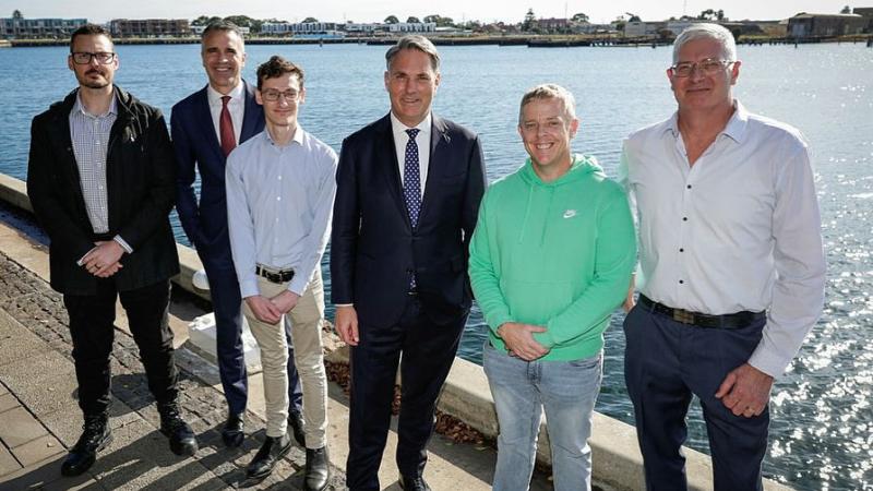 Deputy Prime Minister and Defence Minister Richard Marles with South Australian Premier Peter Malinauskas meet with ASC workers in Adelaide.