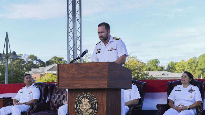 Commodore Bradley Francis speaking at the US Navy's Nuclear Power School Graduation