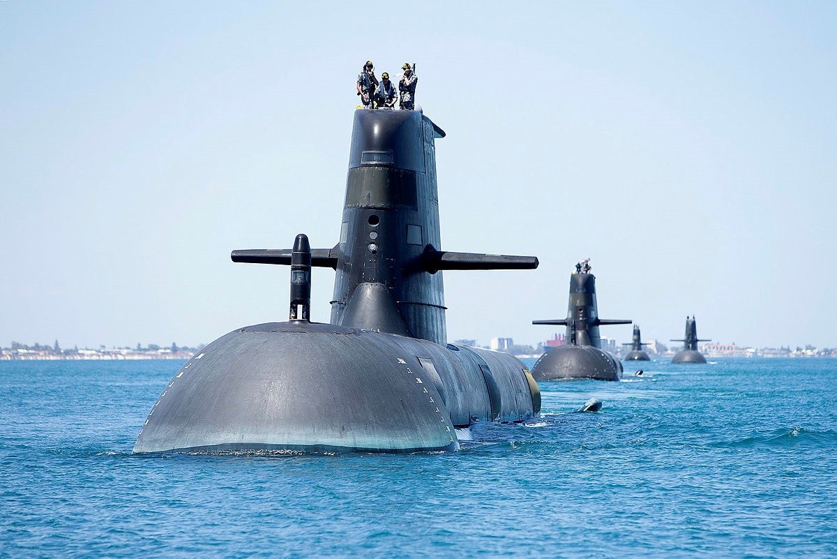 Collins class submarines HMAS Collins, HMAS Farncomb, HMAS Dechaineux and HMAS Sheean in formation while transiting through Cockburn Sound, Western Australia. Collins class submarines are an essential part of Australia’s naval capability.