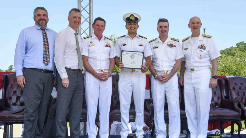 (L-R) Erik Raven US Under Secretary of Defense. Abe Denmark, Senior Advisor to the Secretary of Defense for AUKUS, Chief of Royal Australian Navy Vice Admiral Mark Hammond, Lieutenant Commander James Heydon, Director-General Australian Submarine Agency Vice Admiral Jonathan Mead, and Admiral James Frank Caldwell Jr, Director of the Naval Nuclear Propulsion Program.