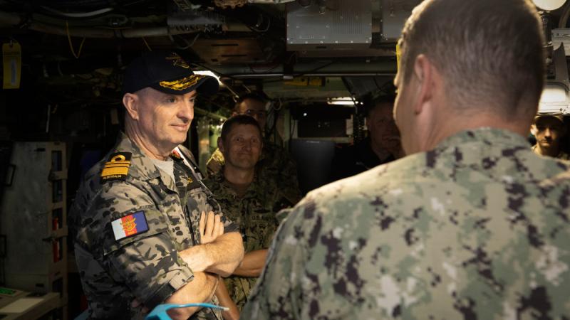 Vice Admiral Jonathan Mead, Director-General Australian Submarine Agency, touring the inside of United States Navy Virginia-class submarine USS North Carolina at Fleet Base West in Rockingham, Western Australia.