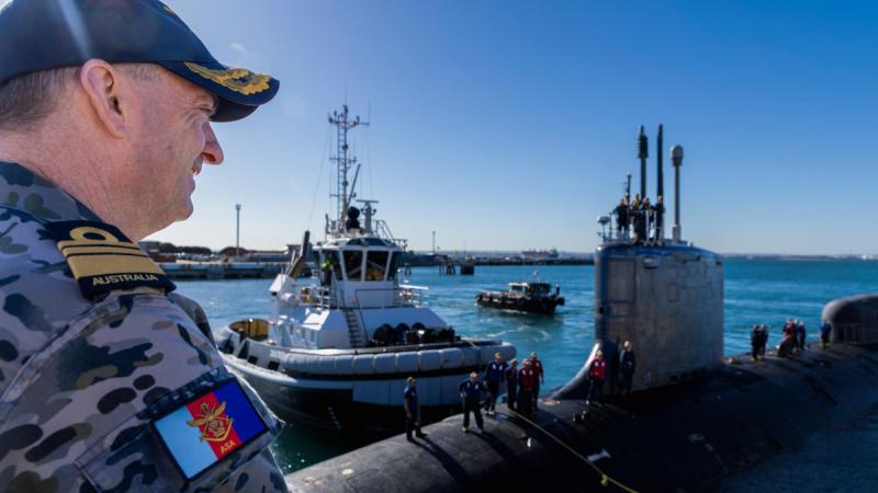 Director-General Australian Submarine Agency Vice Admiral Jonathan Mead AO, RAN watches United States Navy Virginia-class submarine USS North Carolina (SSN 777) as the submarine arrives at Fleet Base West in Rockingham, Western Australia.