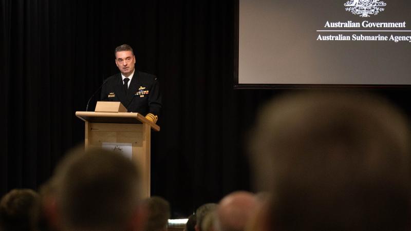 Director-General Australian Submarine Agency Vice Admiral Jonathan Mead, AO RAN speaking at the Australian Submarine Agency launch in Canberra.