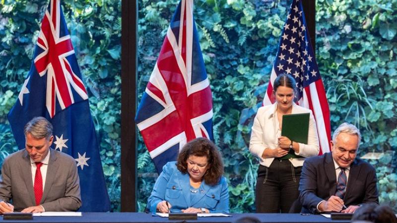 The Deputy Prime Minister and Minister for Defence, the Hon Richard Marles MP, US Deputy Secretary of State, Kurt Campbell, and British Ambassador to the USA, Dame Karen Pierce, sign the AUKUS Agreement for Cooperation Related to Naval Nuclear Propulsion in Washington DC, 5 August 2024.