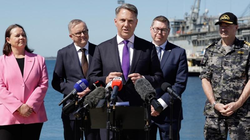 Deputy Prime Minister Richard Marles, speaking at a press conference with Prime Minister Anthony Albanese, Minister for Defence Industry and Capability Delivery Pat Conroy and Federal Member for Brand and Minister for Resources and Minister for Northern Australia Madeleine King with Director-General of the ASA Vice Admiral Jonathan Mead.