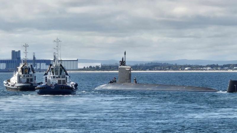 USS Hawaii (SSN 776) departs HMAS Stirling, marking the conclusion of a historic submarine maintenance period in Western Australia. (U.S. Navy photo by Rory O'Connor)