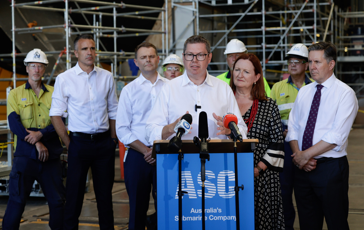 Minister for Defence Industry and Capability Delivery the Hon. Pat Conroy MP speaking at a press conference at the Osborne Naval Shipyard in South Australia.