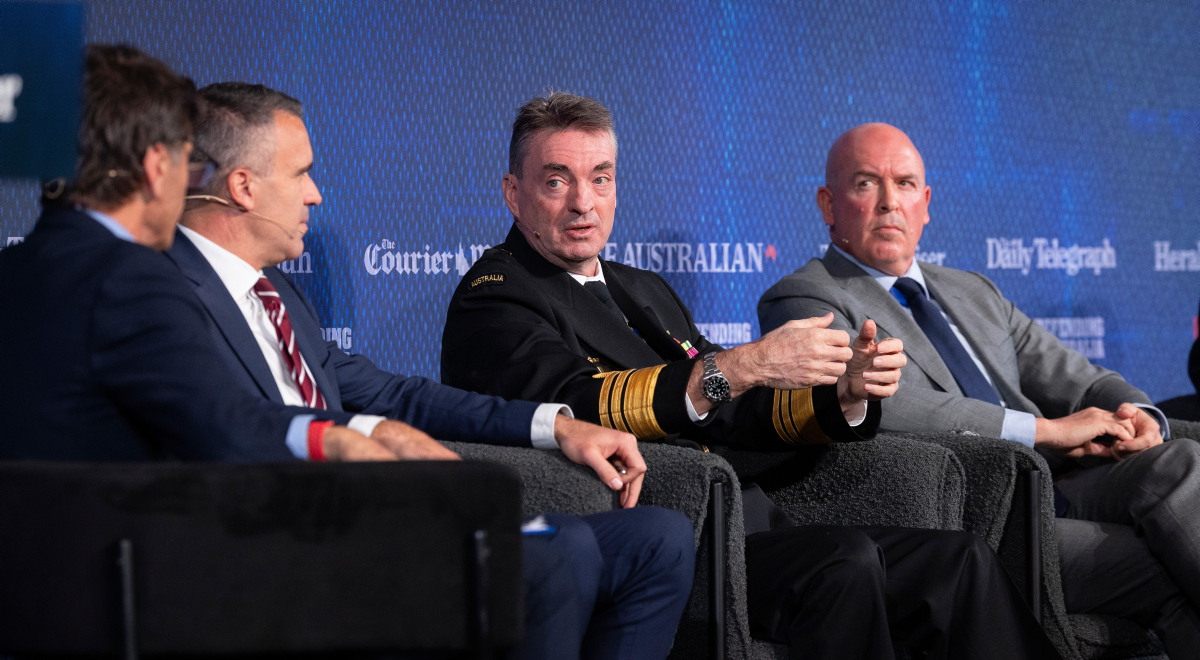 Australian Submarine Agency Director-General, Vice Admiral Jonathan Mead (middle), speaking on the Defending Australian panel at Parliament House in Canberra. Image: Department of Defence
